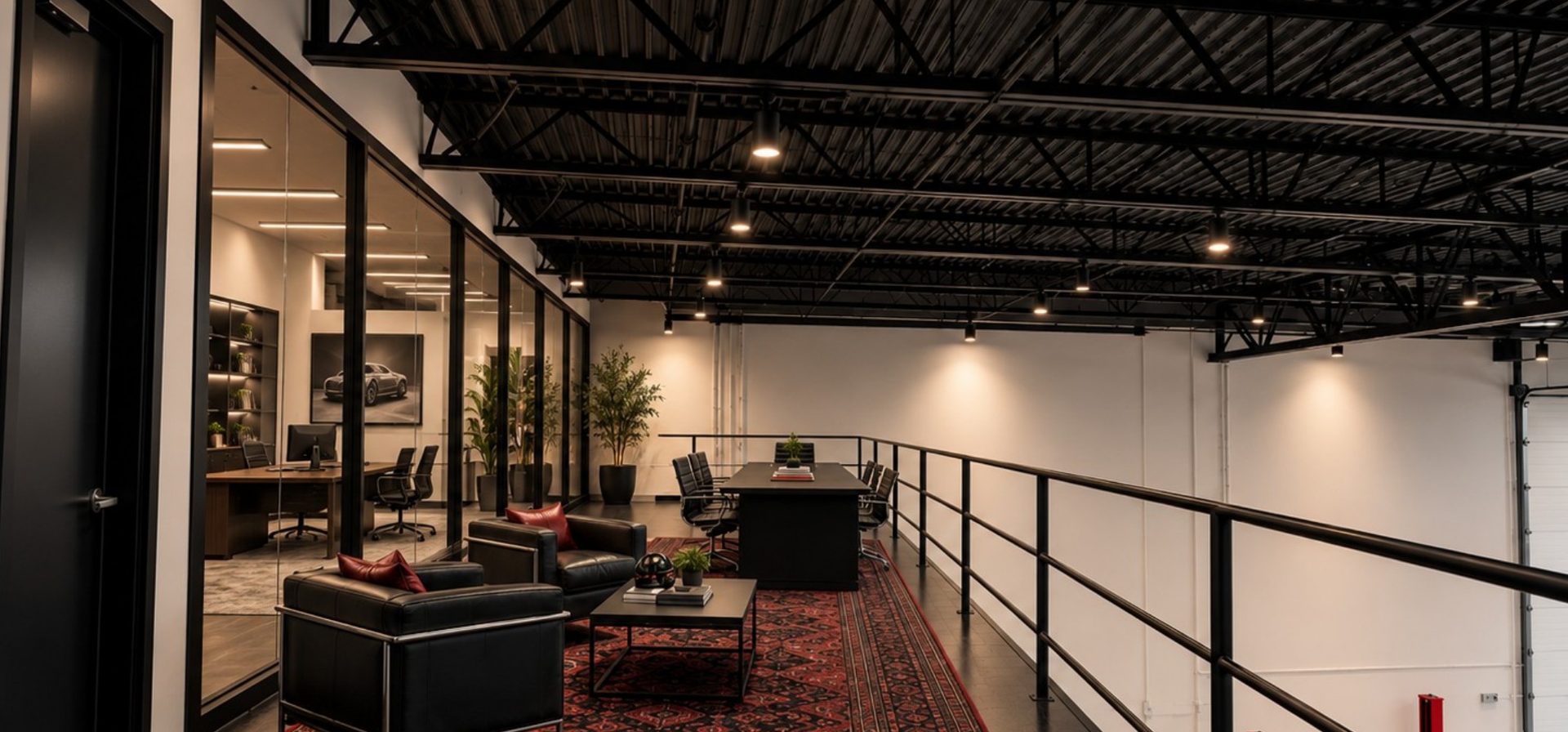 Mezzanine lounge and glass-walled office overlooking the lifts